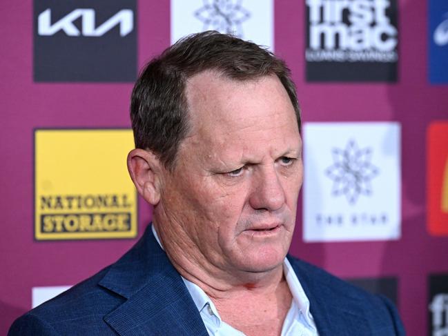 BRISBANE, AUSTRALIA - SEPTEMBER 27: Sacked coach Kevin Walters speaks to the media during a Brisbane Broncos NRL press conference at Clive Berghofer Field on September 27, 2024 in Brisbane, Australia. (Photo by Bradley Kanaris/Getty Images)