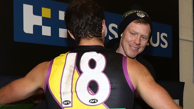 Alex Rance celebrates last week’s win with the injured Jack Riewoldt. Picture: Getty Images