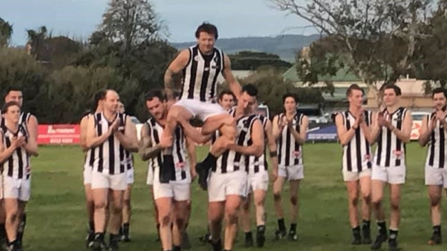 Reynella player Jason Farrier being chaired off after his 250th game. Picture: Supplied, Reynella Football Club