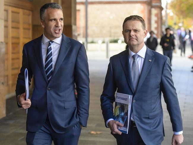 ADELAIDE, AUSTRALIA - NewsWire Photos - JUNE 06, 2024:  South Australia budget day. Premier Peter Malinauskas and Treasurer Stephen Mulligan leaving Parliament House walking to the Convention centre.Picture: NewsWire / Roy VanDerVegt