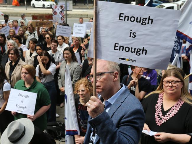 Rally on the steps of Parliament House to raise awareness for Domestic Violence deaths, after 4 women were found dead in the last week, and calling for a Royal Commission. 24 November 2023. Picture Dean Martin