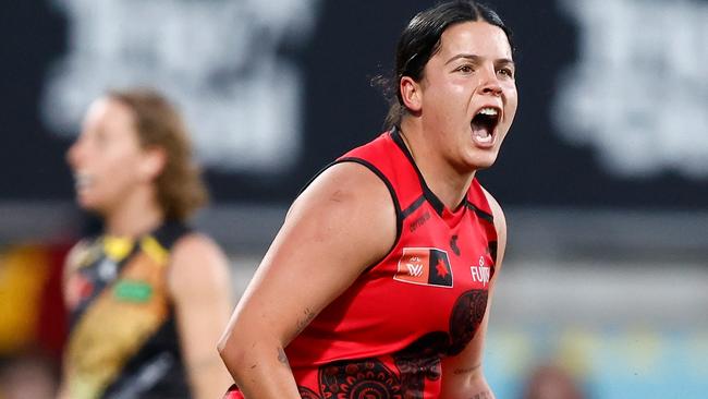 MELBOURNE, AUSTRALIA - OCTOBER 14: Madison Prespakis of the Bombers celebrates a goal during the 2023 AFLW Round 07 match between the Richmond Tigers and the Essendon Bombers at IKON Park on October 14, 2023 in Melbourne, Australia. (Photo by Michael Willson/AFL Photos via Getty Images)