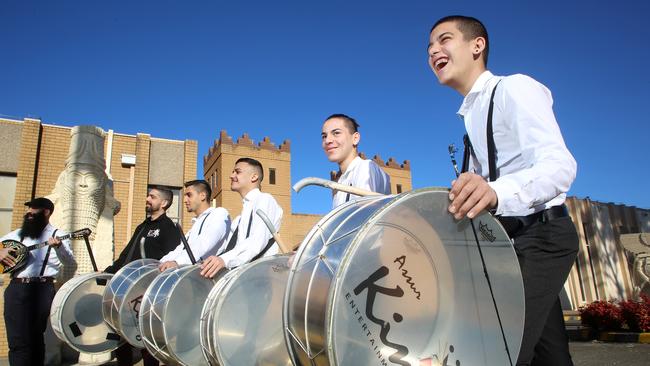 Joseph Temmo, Manny Brikha, Fadi Zora, Qusay Kozal, Mario Yousuf and David Yalda of the Assur Kings, an Assyrian drumming group. Picture: Joe Murphy