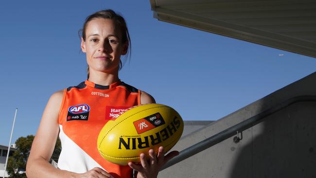 Giants AFLW player Alicia Eva poses for photographs at Drummoyne Oval in Sydney, Thursday, February 8, 2018. (AAP Image/Ben Rushton) NO ARCHIVING