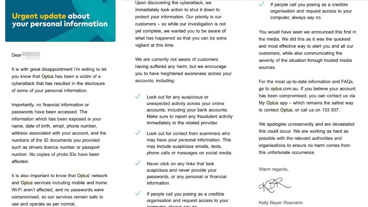 Optus customers who have had data stolen in the massive cyberattack have been contacted via email (pictured). Picture: NCA NewsWire