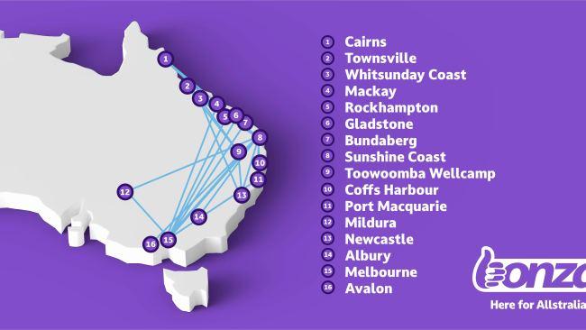 The full network map for new Aussie airline Bonza.