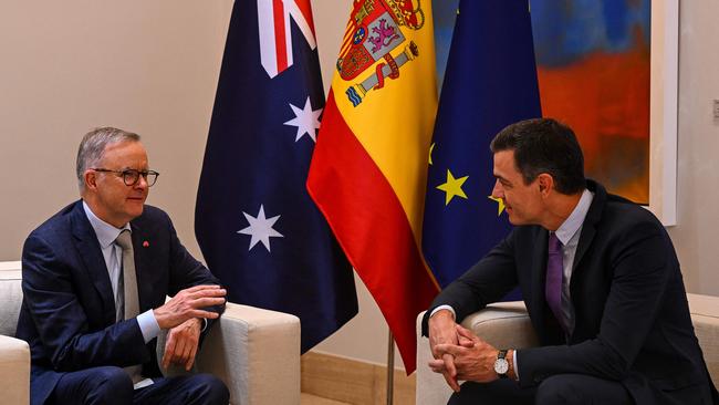 Anthony Albanese with Spanish Prime Minister Pedro Sanchez at a meeting ahead of a NATO summit, at La Moncloa Palace in Madrid. Picture: AFP