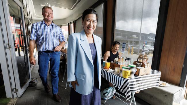 LNP Candidate for Ipswich West Darren Zanow and LNP Candidate for Inala Trang Yen in Ipswich on Sunday morning. Picture: Lachie Millard