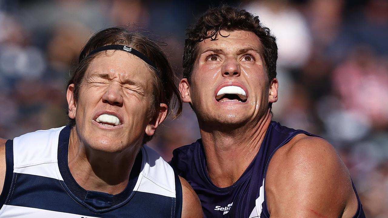 Lloyd Meek of the Dockers and Rhys Stanley of the Cats in the boundary throw-in ruck contest. Picture: Michael Klein