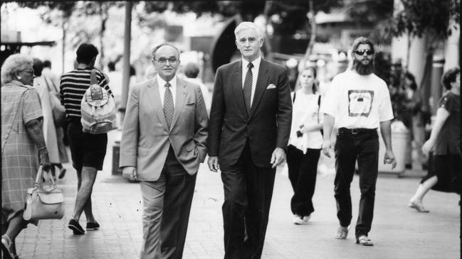 Then Adelaide Lord Mayor Henry Ninio and SA Police Commissioner David Hunt in Rundle Mall, as they unveilled plans for greater vigilance after neo-Nazi rampage injured at least 15 people. Pictured on 28 March 1994. Picture: Advertiser staff