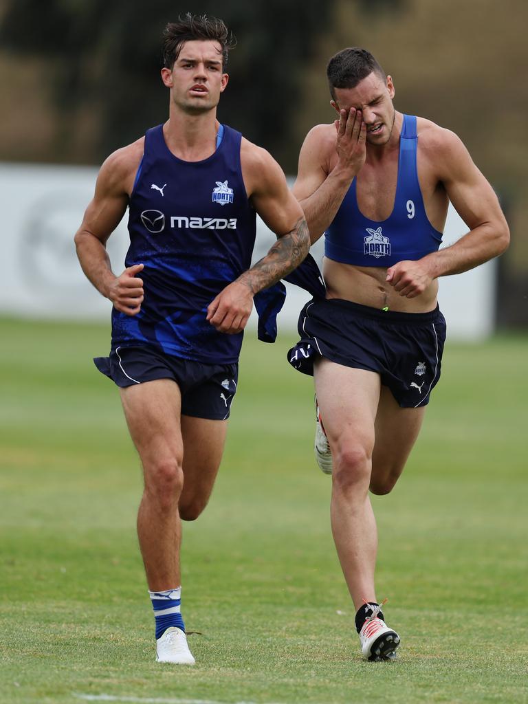 Luke Davies-Uniacke and Jy Simpkin sweating it up on the pre-season track. Picture: Michael Klein