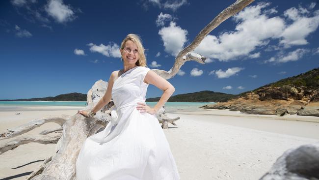 Australia's Voice of Siri Karen Jacobsen at Whitehaven Beach in the Whitsundays. Picture: Lachie Millard.