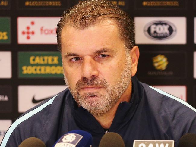 MELBOURNE, AUSTRALIA - SEPTEMBER 06:  Socceroos coach Ange Postecoglou speaks to the media during a press conference at on September 6, 2017 in Melbourne, Australia.  (Photo by Michael Dodge/Getty Images)