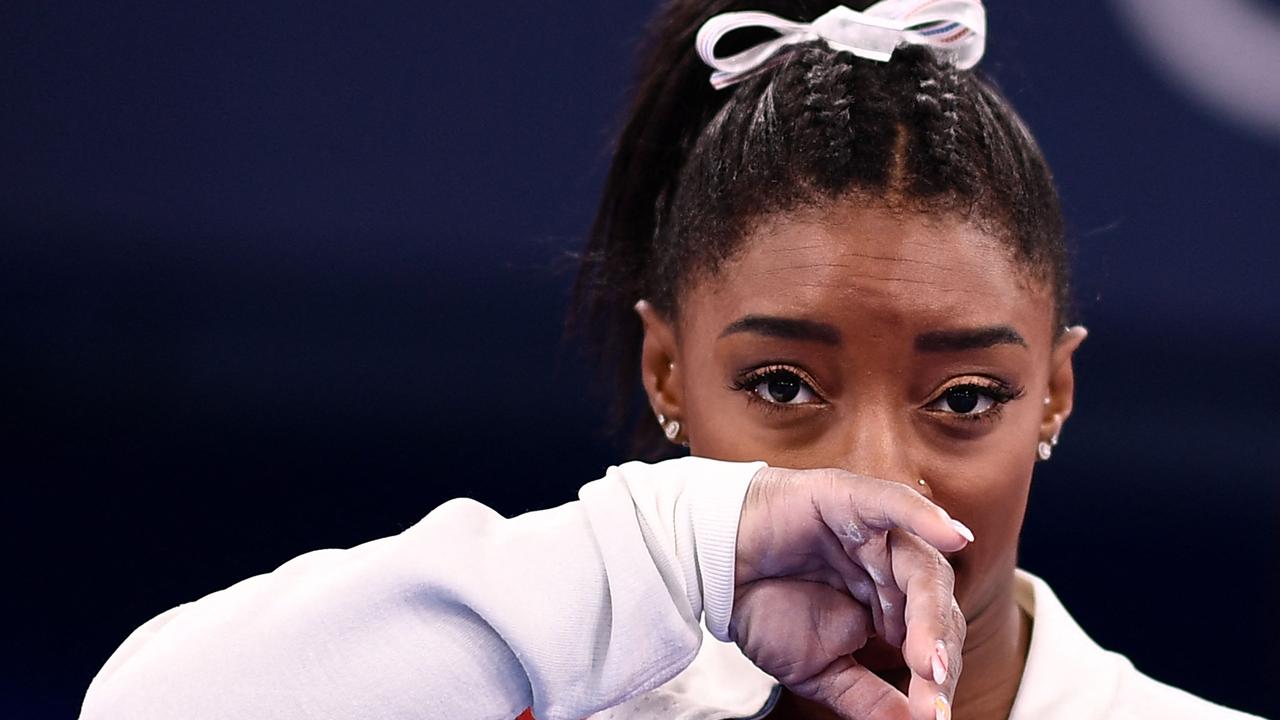 Simone Biles appears to have suffered an injury. Picture: AFP