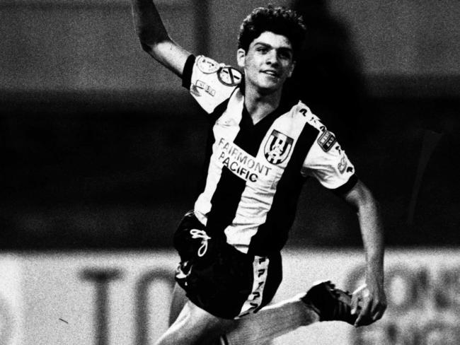 John Aloisi celebrates a senior goal for his boyhood club Adelaide City, for whom he debuted as a teenager in 1991.