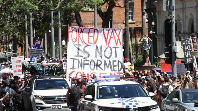 The Freedom Rally in the Brisbane CBD on Saturday. Picture: Annette Dew