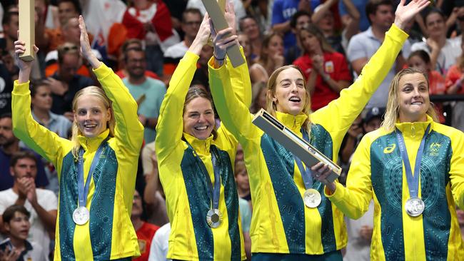 NCA. PARIS FRANCE 2024 OLYMPIC GAMES. August 10 - Day 14 Australia celebrate after winning Silver in the  the Water Polo Gold Medal game,  Australia V Spain at Paris La Defense Arena. Pics Adam Head