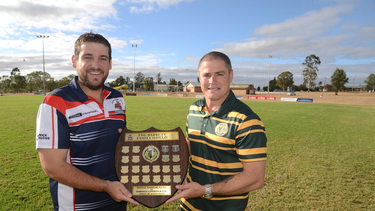 Coaches Matt Grew (Warwick Cowboys) and Travis Burns (Wattles Warriors) both want the Barrett Shield after Saturday's game at Father Ranger Oval.