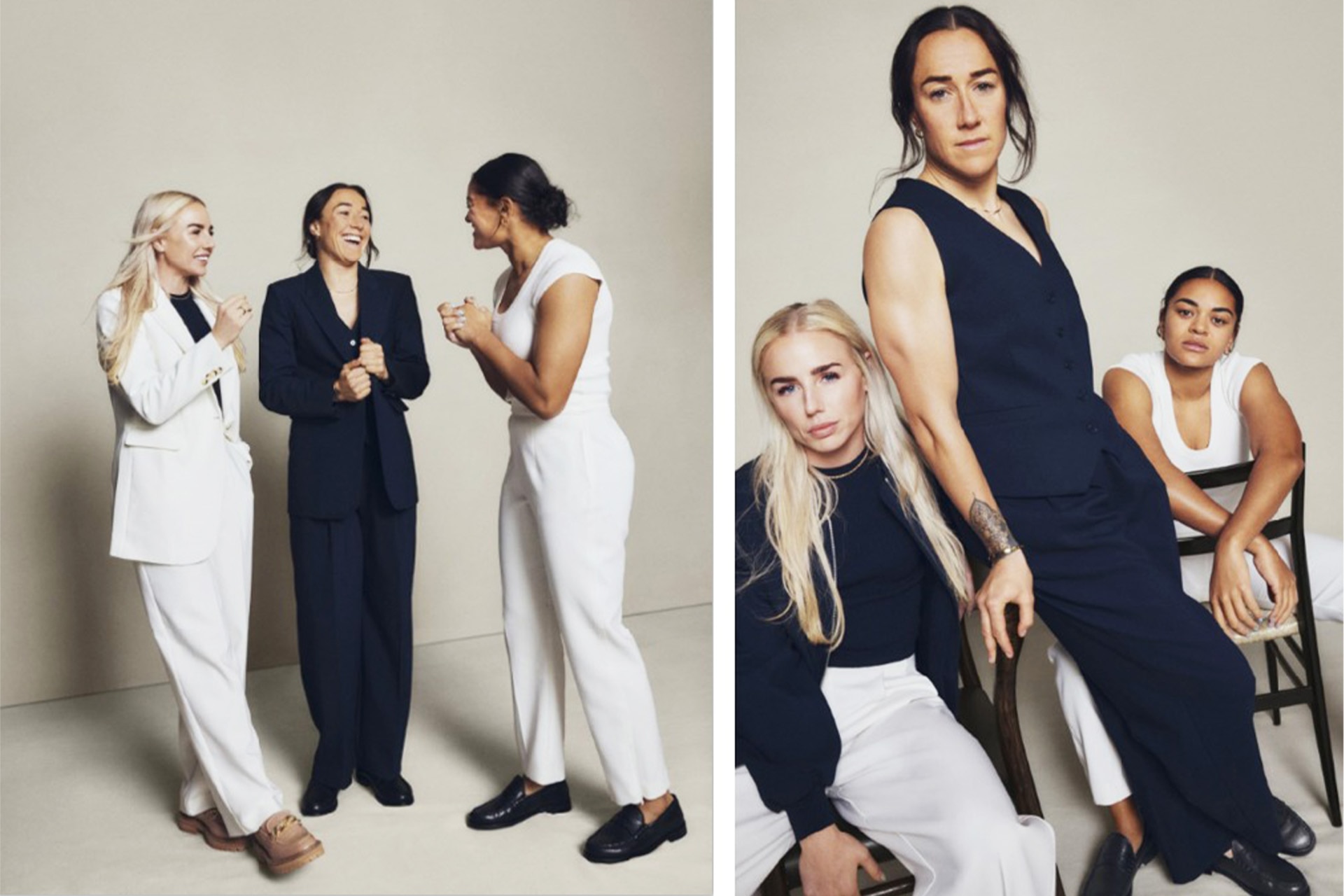 <p><em>Image credit: Marks and Spencer</em></p><p>Challenging the uniformity of off-pitch dressing, instead Marks and Spencer has encouraged a more individual approach to styling, with the team kitted out in everything from satin shirts, to sportier tops and waistcoats.</p>