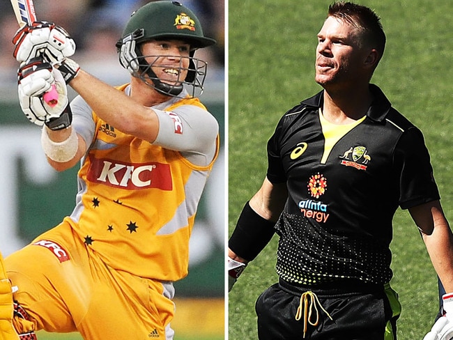 David Warner in his international debut in 2009 against South Africa, left, and Warner on Sunday against Sri Lanka in Adelaide. Picture: