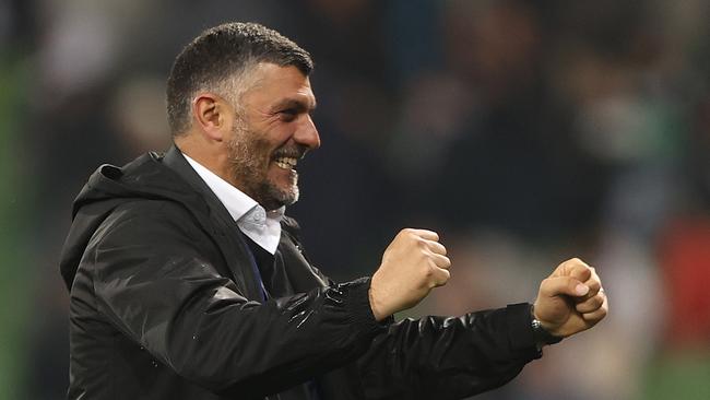 Western United coach John Aloisi celebrates following his team’s semi-final win over Melbourne Victory. Photo: Robert Cianflone/Getty Images