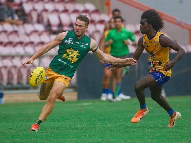 Liam Taylor and Dray Thompson during the NTFL's Round 18 match, St Mary's v Wanderers at TIO Stadium. Picture: Glenn Campbell