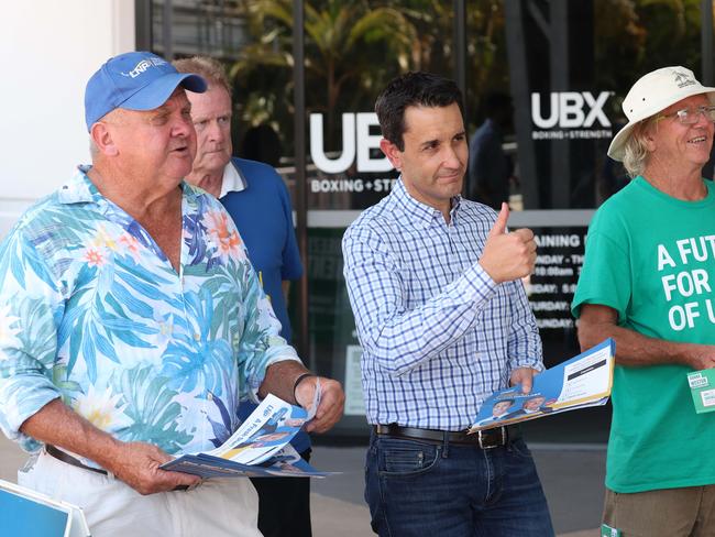 Russell Field LNP candidate for Capalaba and Leader of the Opposition David Crisafulli at the Capalaba Central Shopping Centre Pre-poll. Picture: Liam Kidston