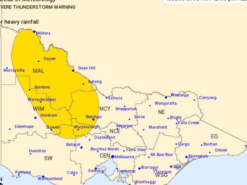 A severe thunderstorm warning has been issued for western Victoria. Source: Bureau of Meteorology