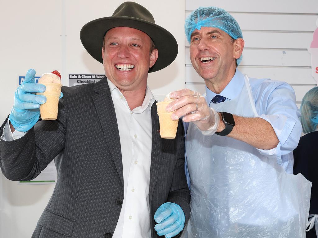 Premier Steven Miles and Treasurer Cameron Dick serving up strawberry sundaes at the Ekka on Monday. Picture: Liam Kidston