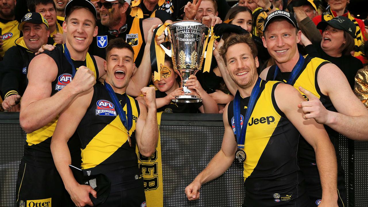 Tom Lynch, Jayden Short, Kane Lambert and Dylan Grimes after the 2019 AFL Grand Final match between the Richmond Tigers and the GWS Giants at the MCG on September 28, 2019 in Melbourne, Australia. Picture: Mark Stewart