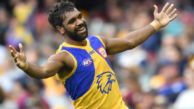 Eagles forward Liam Ryan celebrates a goal against the Lions. Picture: AAP