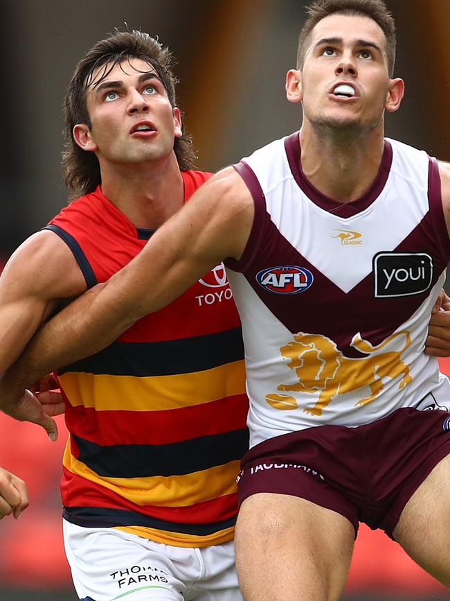 Adelaide’s top draft pick Josh Rachele, left, booted three goals in an impressive performance. Picture: Chris Hyde/Getty Images