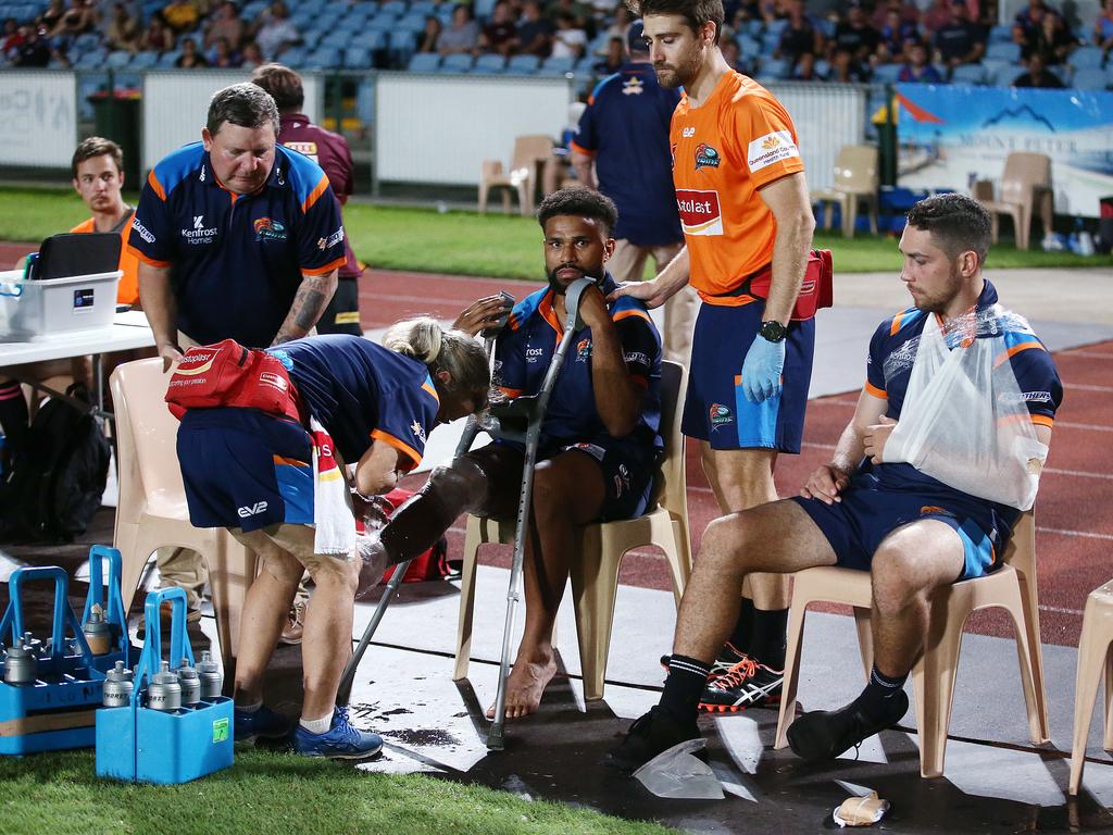 Pride co captain Jayden Hodges and Matthew Musumeci both suffered injuries in the QRL ISC rugby league match between the Northern Pride and the Wynnum Manly Seagulls, held at Barlow Park. Picture: Brendan Radke