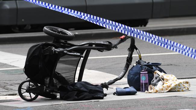 The pram left upended in the chaos. Picture: AAP
