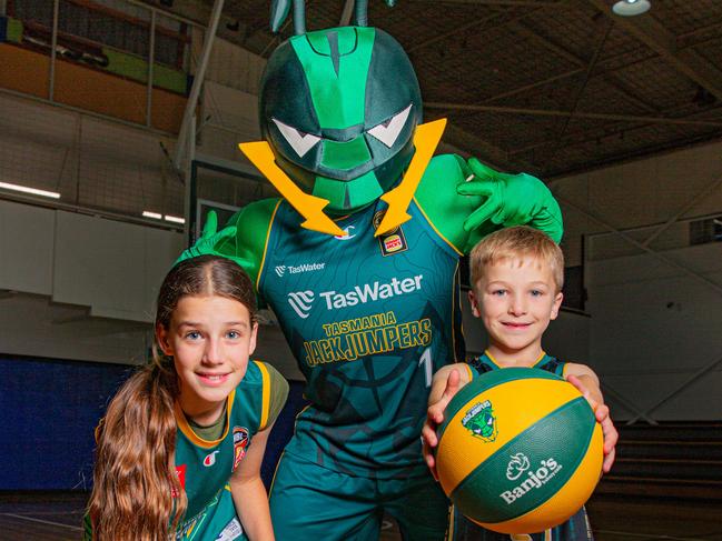 Maddi Docking, 11 and Jack Tringrove, 7, with Jack the Jumper taking part in a Tasmania JackJumpers School Holiday program. Picture: Linda Higginson