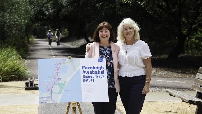 Mayor Kay Fraser (left) and Swansea Mp Yasmin Catley (right) at the Belmont end of the Fernleigh Track. Supplied.