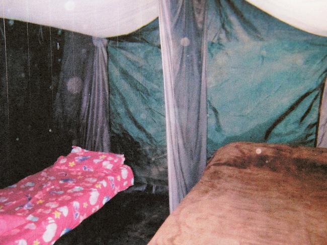 Inside one of the tents where brother and sister Charlie and Martha Colt slept together every night on the family property hidden in the hills out of town. Picture: News Corp.