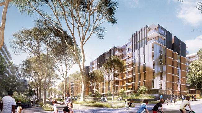 Pedestrian throughways and parkland are included in the plan.
