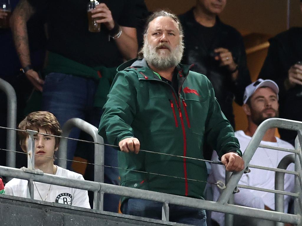 SYDNEY, AUSTRALIA - MARCH 26: Actor Russell Crowe watches the round three NRL match between the South Sydney Rabbitohs and the Sydney Roosters at Stadium Australia on March 26, 2021, in Sydney, Australia. (Photo by Cameron Spencer/Getty Images)