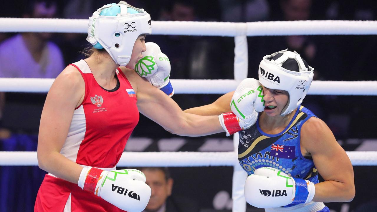 Australia's Kaye Frances Scott (R) at the IBA Women's World Boxing Championship 2023, in New Delhi. (Photo by AFP)