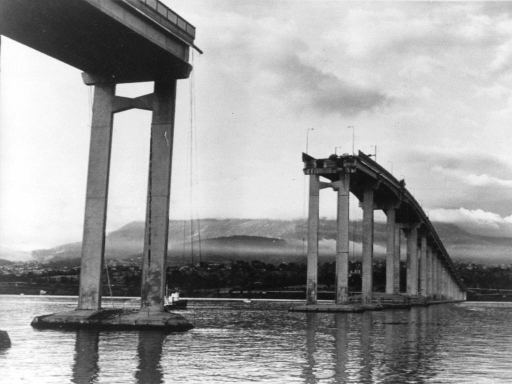 Tasman Bridge spanning the Derwent River in Hobart showing the 80 metre break caused by the collapse of the bridge when it was hit by a ship. Picture: The Mercury