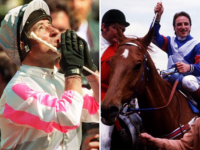 Jockey Jim Cassidy celebrates his Melbourne Cup victories aboard Might And Power (left) and Kiwi. Pictures: File