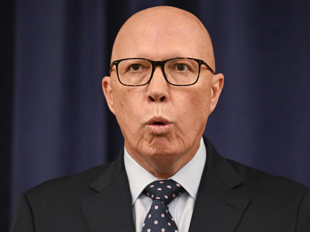 Opposition Leader Peter Dutton holds a press conference at Parliament House in Canberra. Picture: NewsWire / Martin Ollman