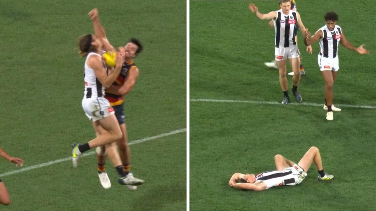 Nathan Murphy was taken high by Darcy Fogarty. Photo: Fox Footy.