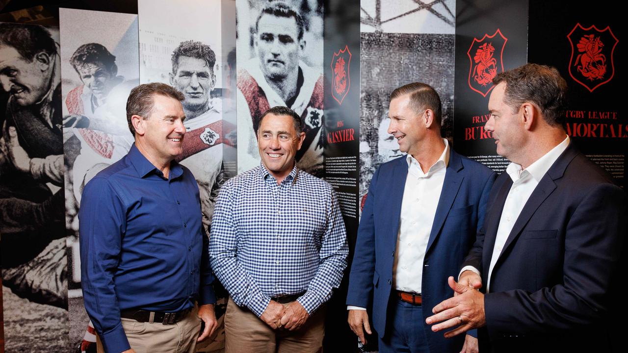 (L-R) Mark Taylor, Shane Flanagan, Mark Coyne and Andrew Lancaster pose for a photo at The Dragons Way Breakfast in the St George Illawarra NRL club museum. Picture: Max Mason-Hubers