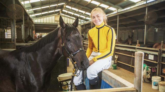 Adelaide Cup Jockey Alana Livesey with Buskers Ballard. Picture: Simon Cross