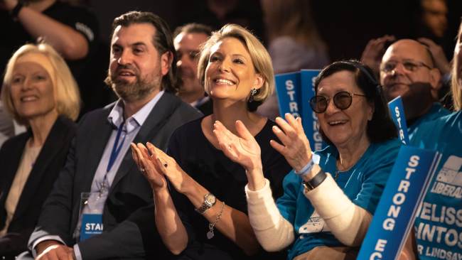 Ms Deves attended a Liberal Sydney rally on Sunday where she was ushered out of the event and avoided questions from reporters. Picture: Jason Edwards