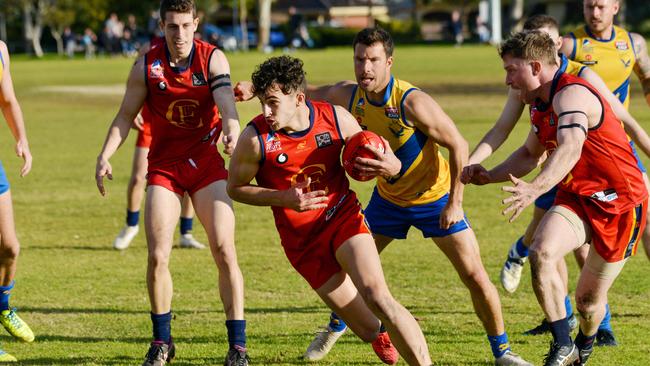 Flinders Park’s James Schwarz was among the Reds’ best against Morphettville Park. Picture: Brenton Edwards)