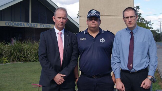 Queensland Police Union president Ian Leavers, branch official Nick Sellars and southeastern region rep Andy Williams outside Coomera police station.