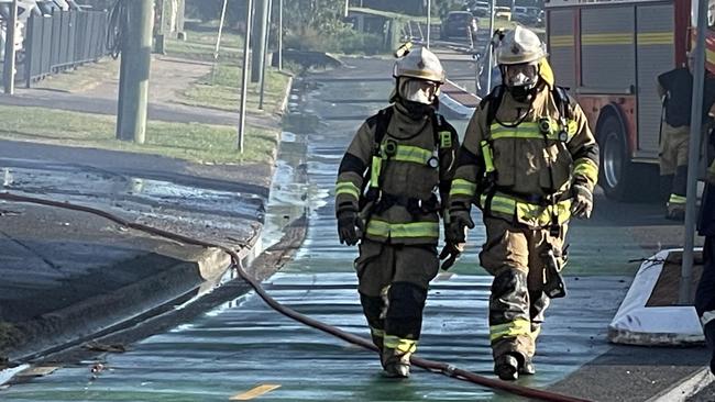 Firefighters wore breathing apparatus to fight the fire internally before being withdrawn due to the intensity of the heat as the blaze destroyed an auto workshop on Sheridan St, North Cairns on May 31, 2022. Picture: Alison Paterson